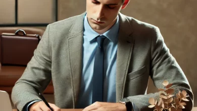 Employé en deuil rédigeant une demande de congé pour décès à son bureau, avec un ordinateur portable et une lettre imprimée