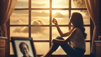 Personne assise près d'une fenêtre, regardant le ciel avec nostalgie, une photo de son père posée sur la table à côté.