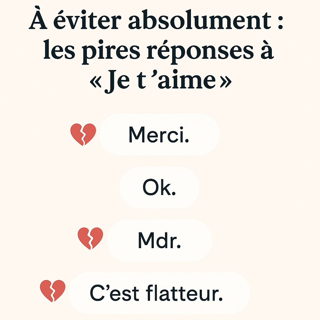 nfographie humoristique en français présentant quatre mauvaises réponses à « Je t’aime » : « Merci », « Ok », « Mdr », « C’est flatteur », avec une mise en page simple et visuelle.