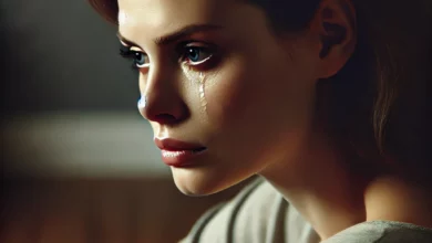 Femme en larmes après la perte de son enfant, assise seule dans une pièce sombre